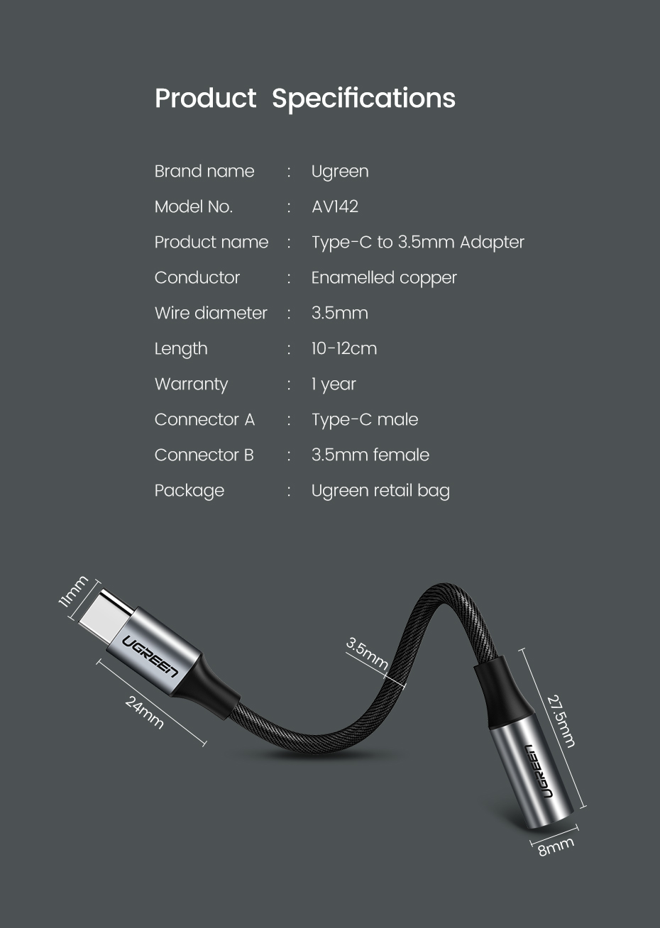 UGREEN type-c to 3.5mm jack earphone cable 3.5 AUX USB C audio adapter (0.1m) - SHOPPE.LK