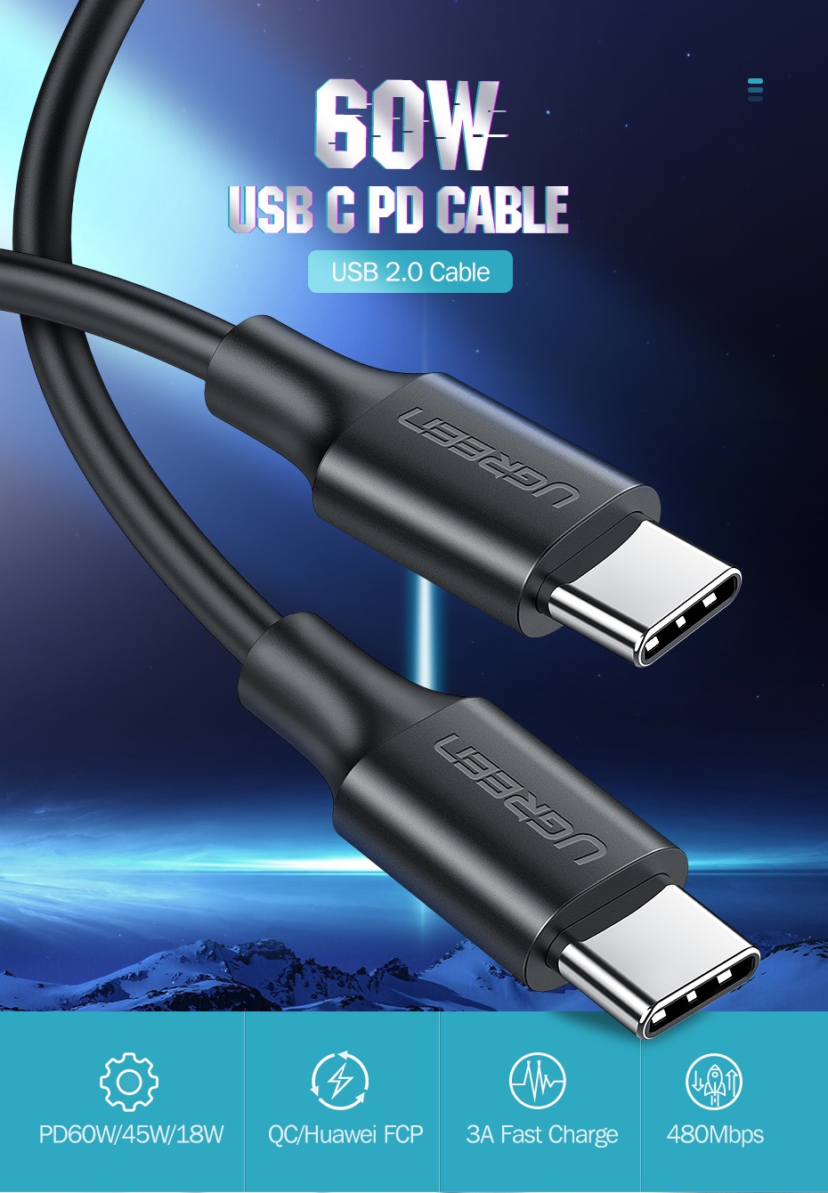 Printer Cable - UGREEN 60W USB C to Type-C Fast Charge Cable - 1M White - SHOPEE MALL | Sri Lanka