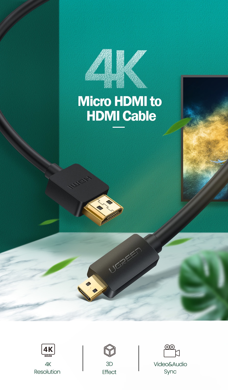 Micro HDMI to HDMI 4K - UGREEN Micro HDMI to HDMI 4K Cable 3D Adapter 1M - High Quality Video and Audio Transfer - SHOPEE MALL | Sri Lanka